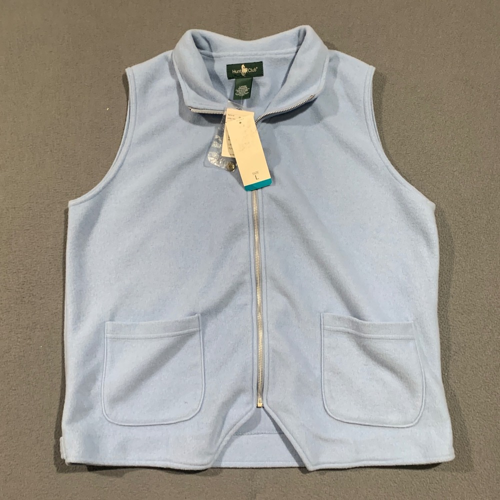 Hunt Club Womens Fleece Vest Light Blue Full‎ Zip Mock Neck Pockets Large NEW